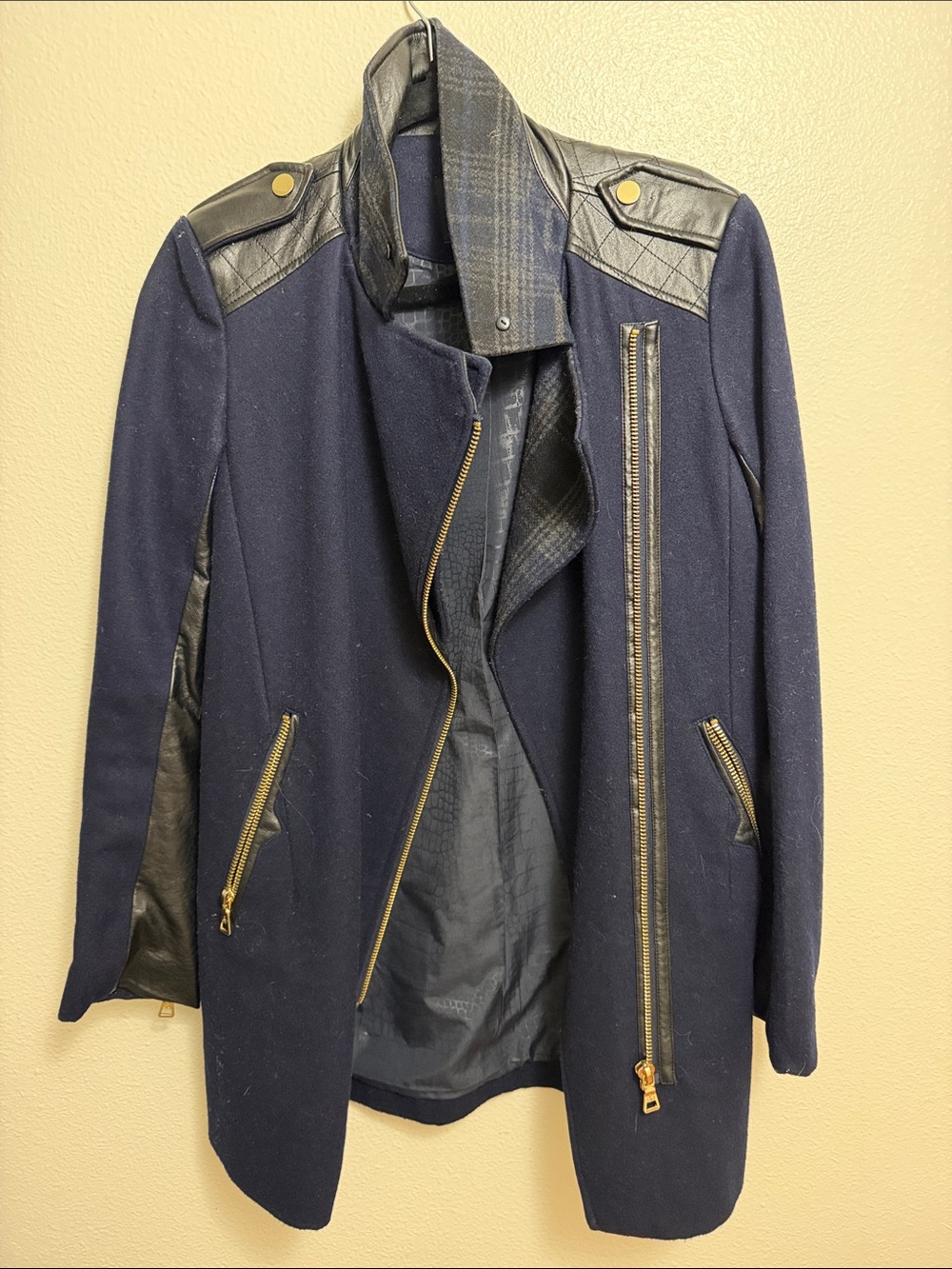 Navy Wool-Blend Moto Coat with Gold Zippers